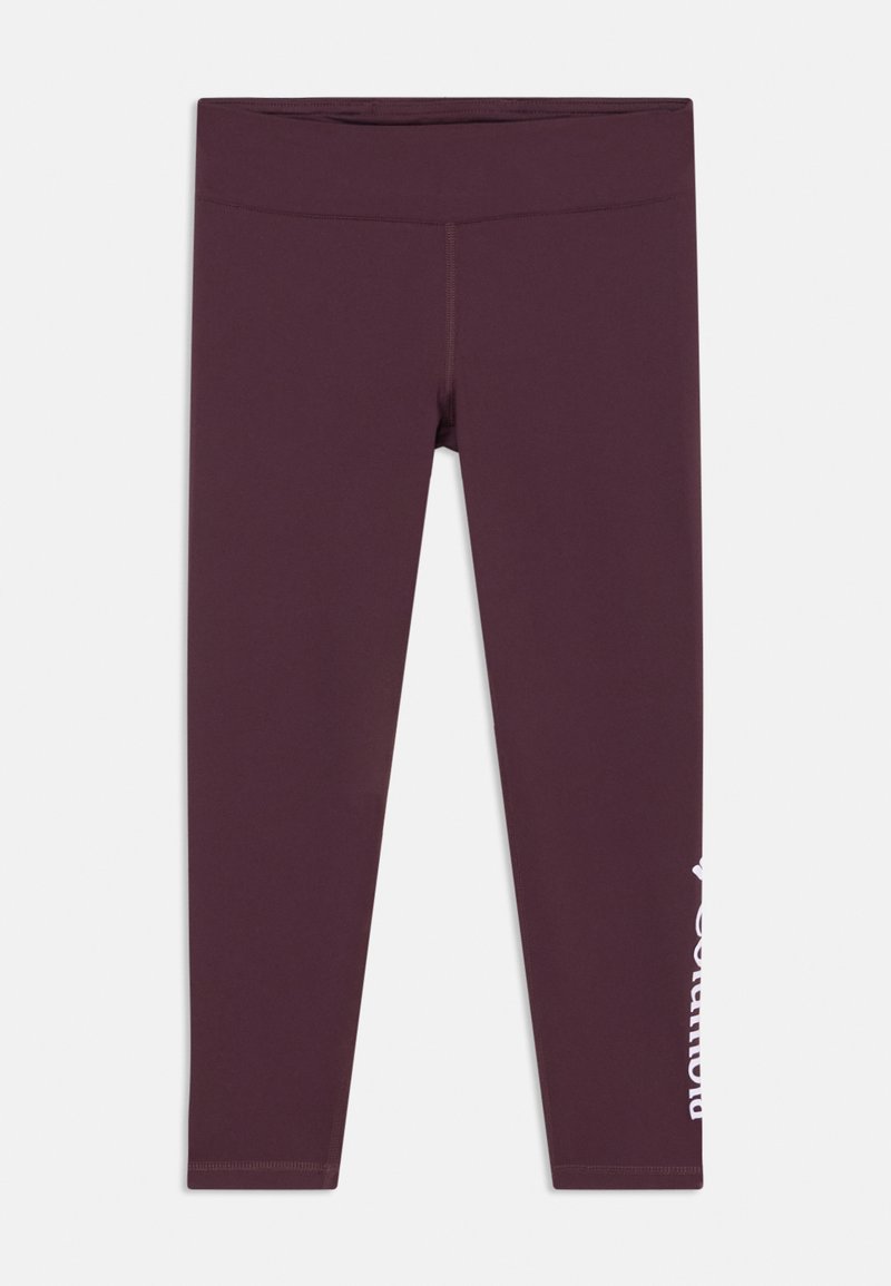 Μαρόν κολάν από ελαστικό ύφασμα, με ψηλή μέση και λευκή λεπτομέρεια λογότυπου στο αριστερό πόδι. Λείος υφασματικός σχεδιασμός, πλήρους μήκους.