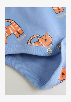 Zils kokvilnas bodijs ar oranžām tīģera ilustrācijām un vārdu "TĪĢERIS". Apakšā aizdares ar spiedpogām ērtai ģērbšanai. Mīksta, teksturēta apdare.