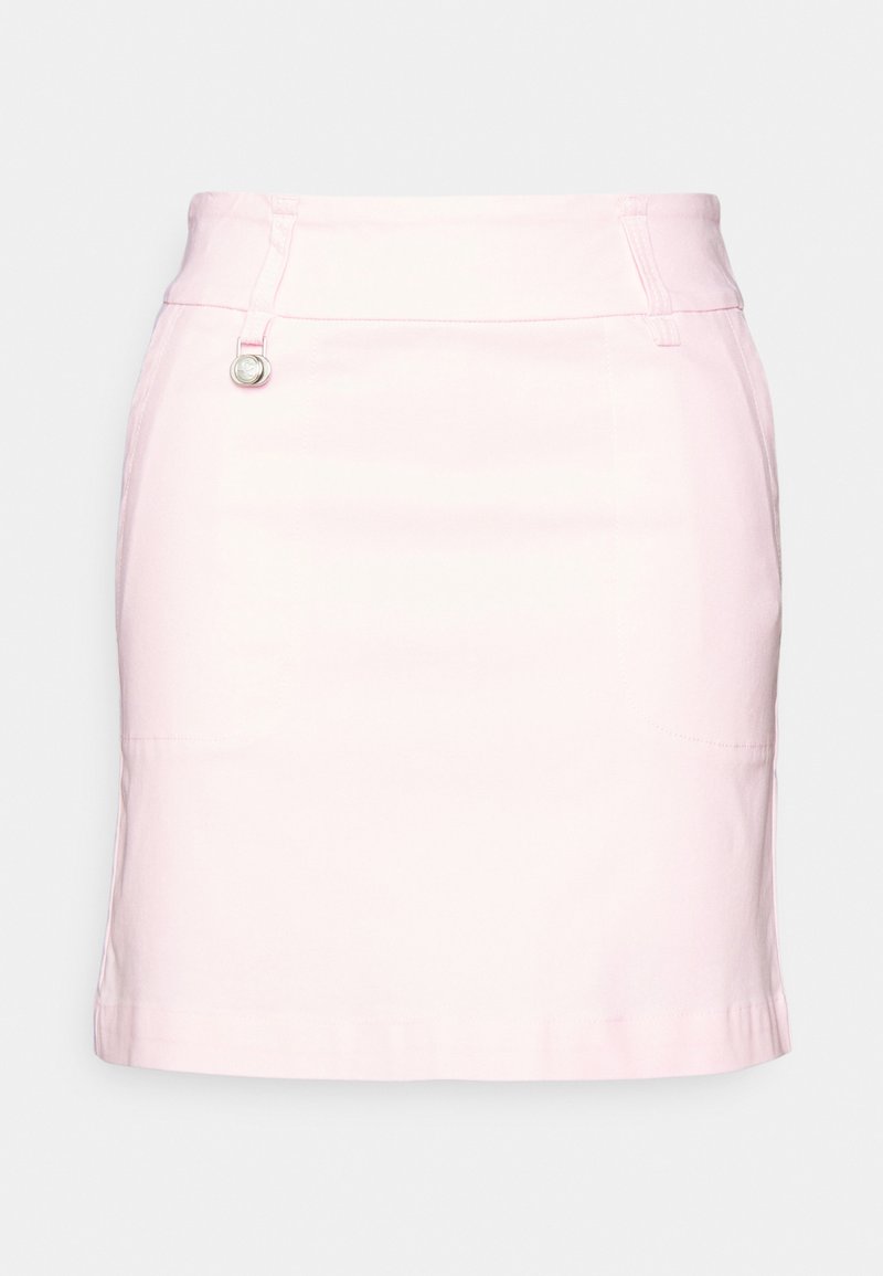 Růžová bavlněná sukně s přímým střihem, s detaily bočních knoflíků a jemným prošitím. Hladká textura, délka po kolena.