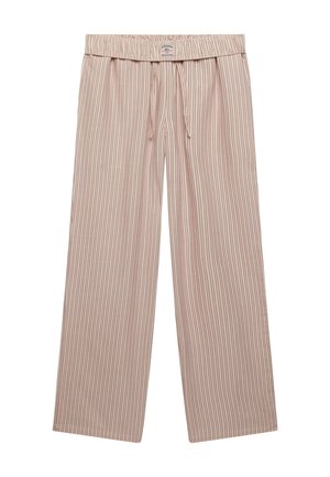 Pantalon ample beige et marron clair à rayures verticales avec taille élastique et cordon de serrage à l'avant.