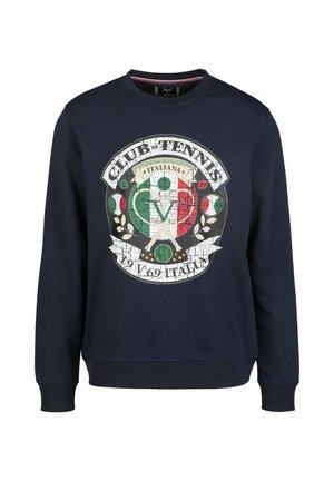 Marineblaues Sweatshirt mit einem abgenutzten Grafiklogo, das "CLUB TENNIS" zeigt, italienische Farben und dekorative Elemente enthält. Mit geripptem Kragen und Bündchen.