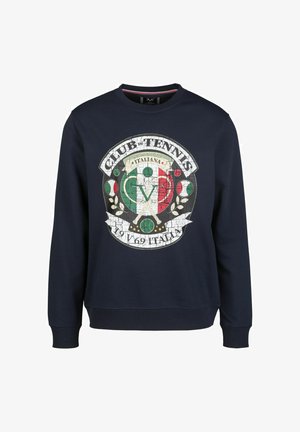 Marineblaues Sweatshirt mit einem abgenutzten Grafiklogo, das "CLUB TENNIS" zeigt, italienische Farben und dekorative Elemente enthält. Mit geripptem Kragen und Bündchen.
