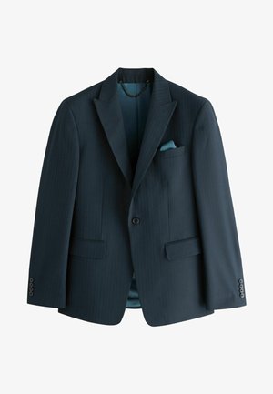 Tummansininen raidallinen bleiseri, jossa on notched-lapels, kaksi etutaskua ja vaaleansininen vuori. Mukana taskuliina ja nappikoristeet.