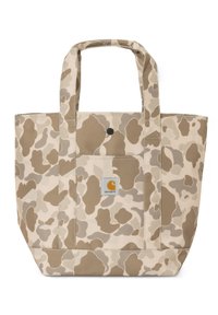 Beżowa torba na ramię w kamuflażu, wykonana z trwałego materiału, z dwiema górnymi rączkami, przednią kieszenią i małą łatą z logo.