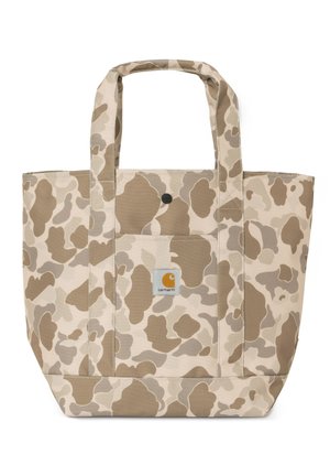 Beżowa torba na ramię w kamuflażu, wykonana z trwałego materiału, z dwiema górnymi rączkami, przednią kieszenią i małą łatą z logo.