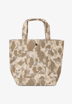 Beżowa torba na ramię w kamuflażu, wykonana z trwałego materiału, z dwiema górnymi rączkami, przednią kieszenią i małą łatą z logo.