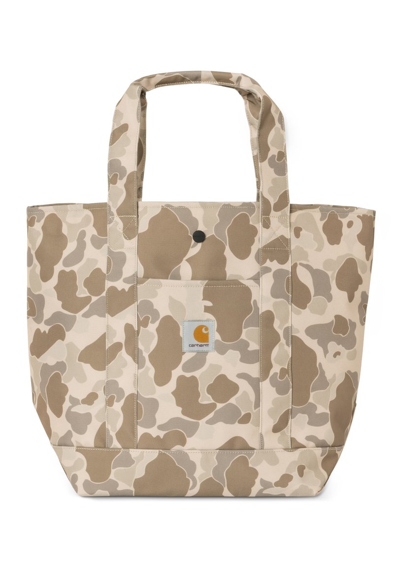 Beżowa torba na ramię w kamuflażu, wykonana z trwałego materiału, z dwiema górnymi rączkami, przednią kieszenią i małą łatą z logo.