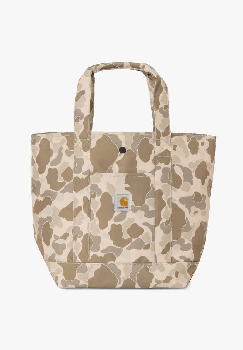 Beżowa torba na ramię w kamuflażu, wykonana z trwałego materiału, z dwiema górnymi rączkami, przednią kieszenią i małą łatą z logo.