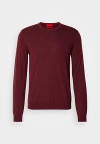 Bordeauxfarbener Pullover mit langen Ärmeln und Rundhalsausschnitt, gerippten Bündchen und Saum. Hergestellt aus einem weichen, fein gestrickten Material mit einfarbigem Design.