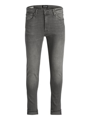 Szürke farmernadrág, slim fit szabásban, felhajtott nadrágszárakkal, öt zsebbel és gombos zipzárral. Sima textúrájú, megkopott hatású.