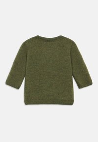 Πράσινο πλεκτό πουλόβερ με μακριά μανίκια, στρογγυλή λαιμόκοψη και ριμπ μανσέτες και τελείωμα. Απαλή υφή με μονόχρωμο και λιτή διακόσμηση.