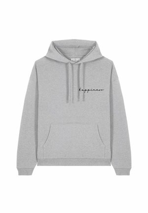 Gray hoodie made of cotton blend featuring a front pocket, drawstring hood, and "happiness" embroidered in black cursive on the chest.