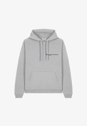 Szürke kapucnis pulóver pamut keverékből, elülső zsebbel, húzózsinórral a kapucnin, és fekete írásos betűkkel hímzett "boldogság" felirattal a mellrészen.