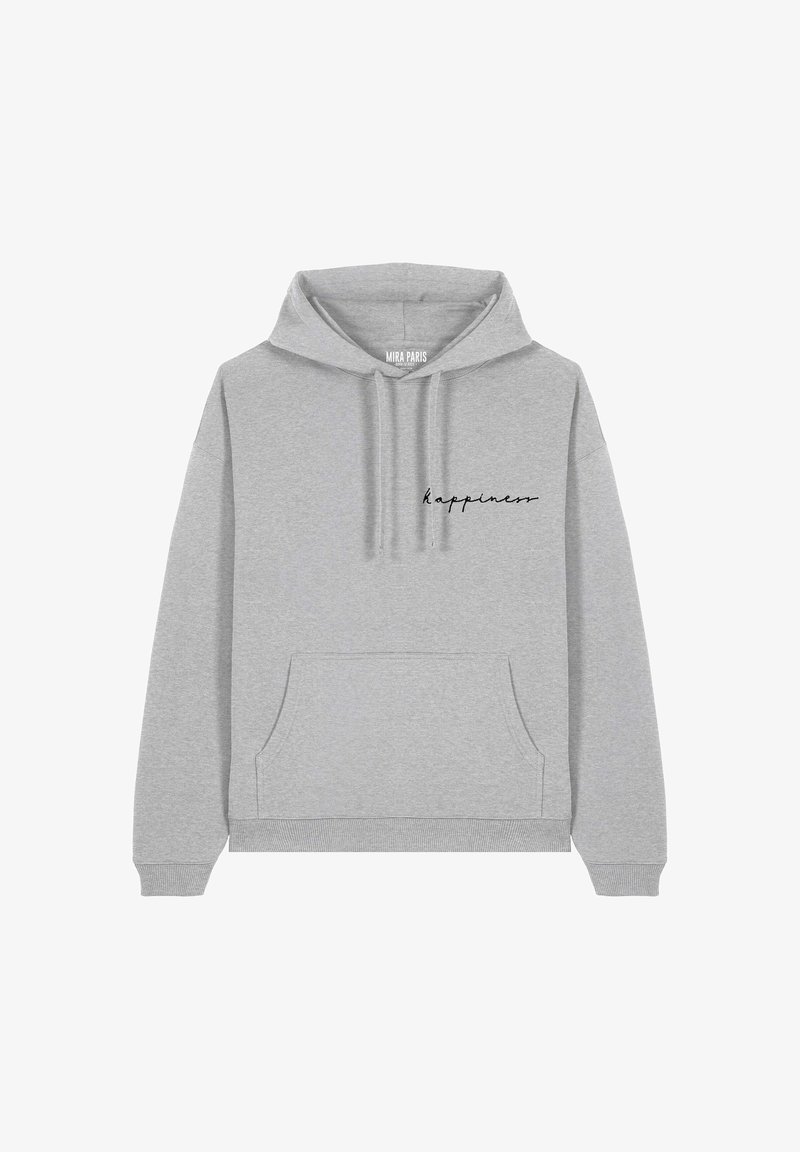 Szürke kapucnis pulóver pamut keverékből, elülső zsebbel, húzózsinórral a kapucnin, és fekete írásos betűkkel hímzett "boldogság" felirattal a mellrészen.