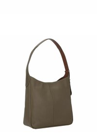 Olivegrüne Lederhandtasche mit einem braunen verstellbaren Träger, ausgestattet mit einer glatten Oberfläche und minimalen Nähten.