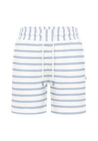 Lichte katoenen shorts met horizontale blauwe en witte strepen, elastische tailleband, koord en een klein geborduurd hartdetail.