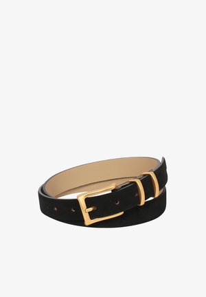 Black suede belt with a smooth finish, featuring a gold-tone double buckle and multiple adjustment holes for sizing.