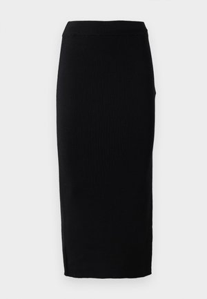 Black ribbed knit midi skirt with a fitted silhouette, featuring a high waistband and side slits for ease of movement.