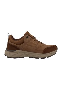 Brauner Sportschuh mit einem Obermaterial aus Mesh und Veloursleder, gepolstertem Kragen und profilierter Gummisohle. Verfügt über Schnürsenkel und ein dekoratives Akzentpaneel.