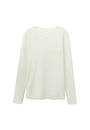 Chemise à manches longues de couleur blanc cassé, fabriquée en tissu doux, dotée d'un col arrondi et d'un ourlet droit, avec des détails de couture minimaux.