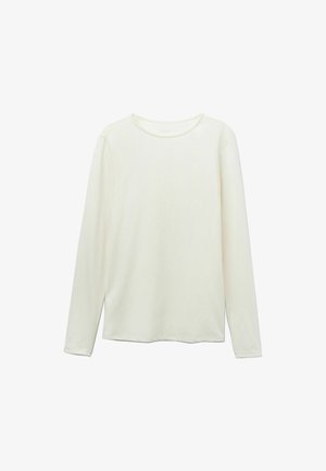 Koszula z długim rękawem w kolorze off-white, wykonana z miękkiego materiału, z okrągłym dekoltem i prostym dołem, z minimalnymi detalami przeszycia.