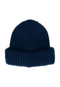 Berretto di lana lavorato a maglia di colore blu navy con una texture a costine. Presenta una vasta parte a risvolto nella parte inferiore e una sommità arrotondata. Realizzato in morbida lana.