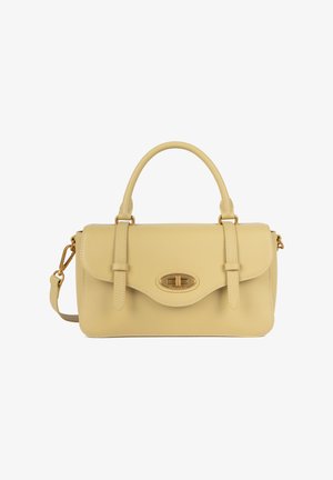 Borsa a mano in pelle gialla con forma strutturata, doppi manici superiori e tracolla rimovibile. Presenta una chiusura in metallo dorato decorativa.