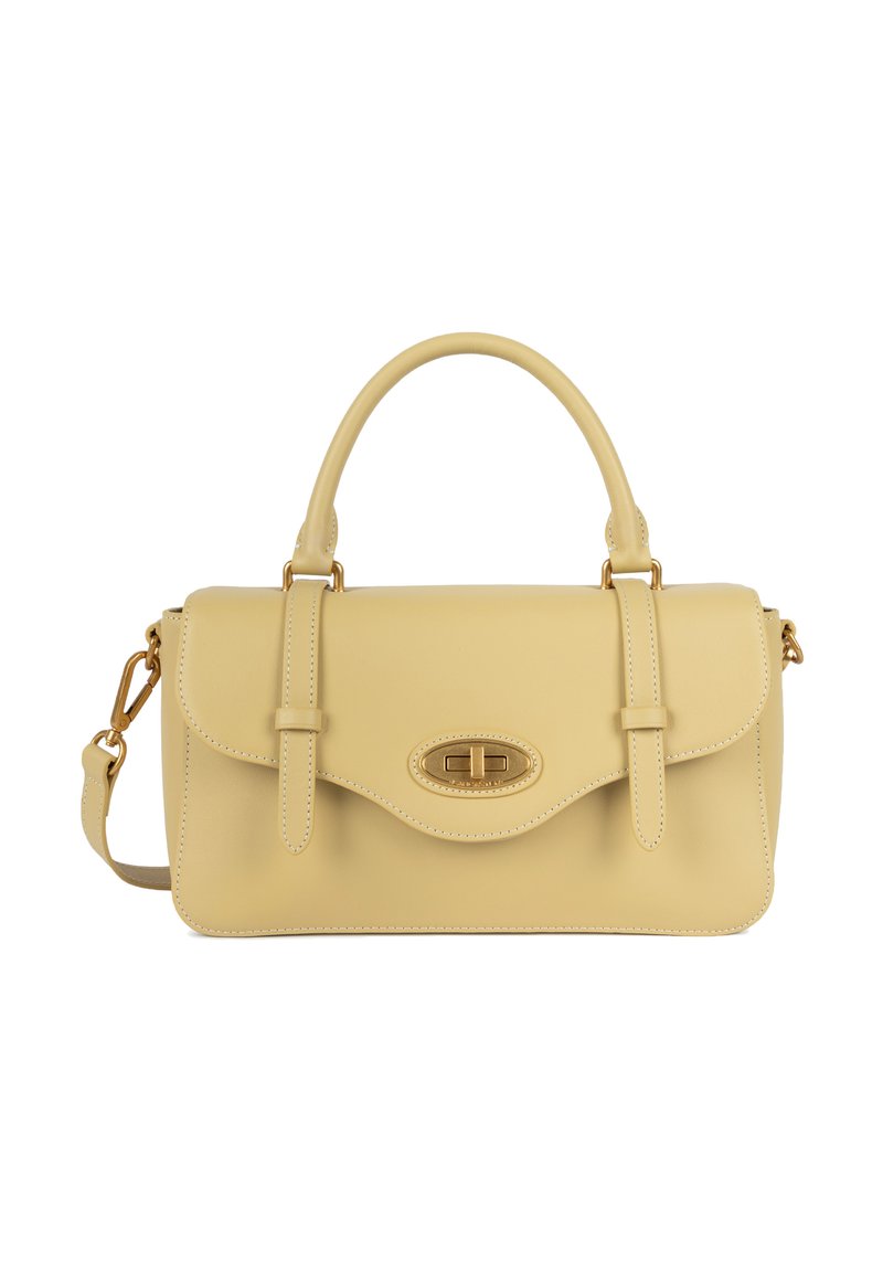 Geel leren handtas met een gestructureerde vorm, dubbele bovengrepen en een afneembare schouderriem. Voorzien van een decoratieve gouden sluiting.