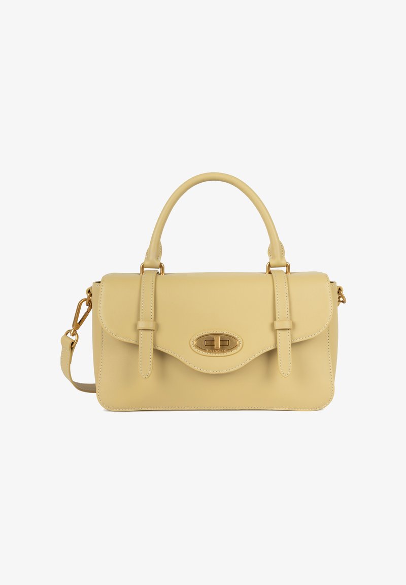 Geel leren handtas met een gestructureerde vorm, dubbele bovengrepen en een afneembare schouderriem. Voorzien van een decoratieve gouden sluiting.