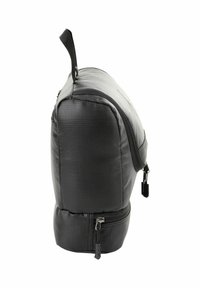 Trousse de toilette rectangulaire noire avec deux compartiments zippés et une poignée en tissu sur le dessus.