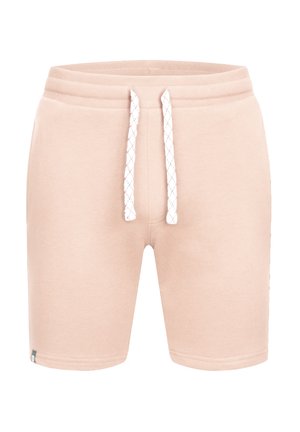 Lichtroze shorts van zacht materiaal, met een koord die een gestructureerd wit patroon heeft, en een eenvoudig ontwerp zonder extra accenten.