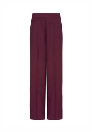 Wijd-pijpen broeken in diep bordeaux, met een gladde stof, een platte voorkant met plooien en een zorgvuldig afgemeten pasvorm. Geen zichtbare fournituren of patronen.