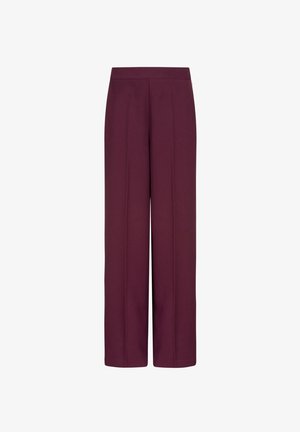 Wijd-pijpen broeken in diep bordeaux, met een gladde stof, een platte voorkant met plooien en een zorgvuldig afgemeten pasvorm. Geen zichtbare fournituren of patronen.