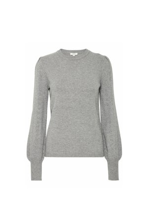 Pull en tricot gris avec un col rond, des manches longues bouffantes et des détails en dentelle le long des manches. Le matériau semble doux et texturé.