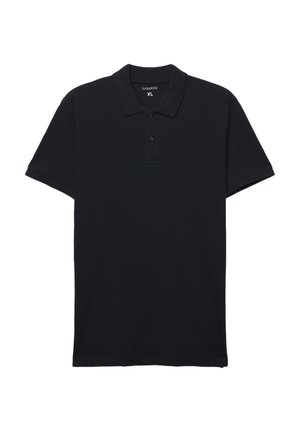 Polo nero a maniche corte con colletto e pattina a tre bottoni, taglia XL, steso su uno sfondo bianco.