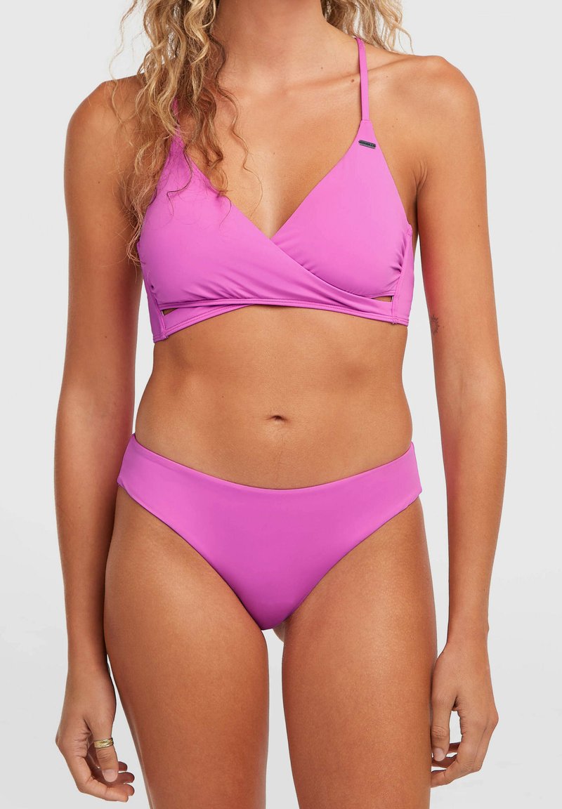 Pink bikini set featuring a wrap-style top with adjustable straps and a high-waisted bottom, both in smooth, stretchy material.
