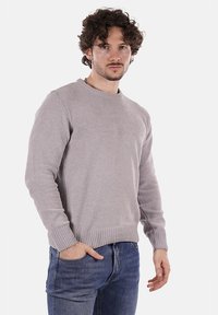 Maglione a maglia grigio chiaro con scollatura rotonda e polsini e orlo a costine, indossato sopra dei jeans in denim blu. La texture appare morbida e casual.