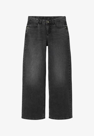 Sorte brede benbukser i denimstof med knaplukning, fire lommer og en afslappet pasform med synlige syninger.