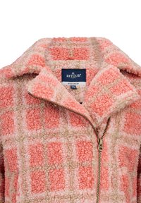 Nepbont zip-up jack met een geruit patroon in roze en beige. Voorzien van een kraag en een gouden ritssluiting. Zachte, gestructureerde stof.