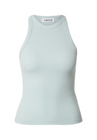 Lichtblauw geribbeld tanktop met een hoge halslijn en mouwloos ontwerp. Heeft een fitted silhouet en een zachte textuur. Merktag zichtbaar.