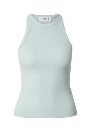 Hellblau gestreiftes Tanktop mit hohem Ausschnitt und ärmellosem Design. Verfügt über eine enganliegende Silhouette und eine weiche Textur. Markenetikett sichtbar.