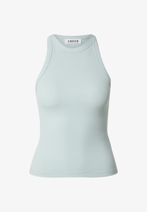 Hellblau gestreiftes Tanktop mit hohem Ausschnitt und ärmellosem Design. Verfügt über eine enganliegende Silhouette und eine weiche Textur. Markenetikett sichtbar.