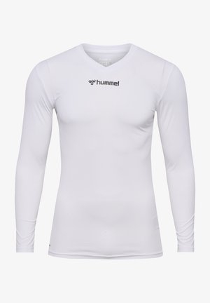 Weißes langärmliges Sportshirt aus elastischem Material, mit V-Ausschnitt und dezentem Texturmuster. Schwarzes Logo auf der Brust.