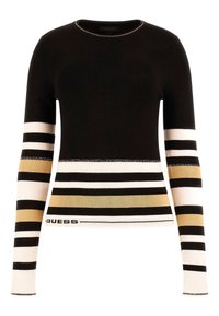 Pull en maille noir à manches longues avec des rayures horizontales noir, blanc et doré. Logo "GUESS" sur l'ourlet du bas.
