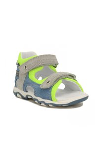 Šedé a modré sandály s neonově zelenými akcenty. Mají nastavitelný pásek, otevřenou špičku a texturovanou podrážku pro lepší grip.
