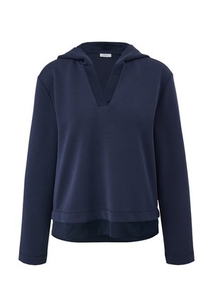 Sweat à capuche bleu marine avec un design en V, des manches longues et un ourlet superposé. Fait en matière douce, il présente un style basique et épuré.