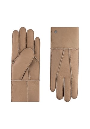 Leather gloves in light brown with stitched seams, featuring a smooth texture and standard glove shape. Accented with a small logo on the wrist.