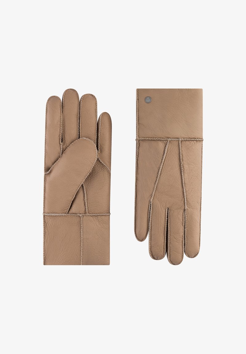 Helle braune Lederhandschuhe mit genähten Nähten, die eine glatte Textur und die Standardform eines Handschuhs aufweisen. Mit einem kleinen Logo am Handgelenk akzentuiert.