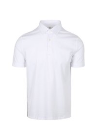 Witte polo met korte mouwen, vlakke kraag, drie knopen en zachte katoen. Soepele textuur, eenvoudig ontwerp en geen patronen.