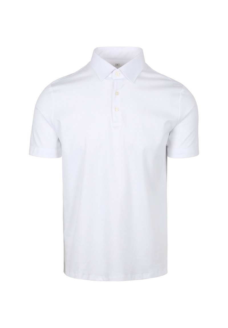 Witte polo met korte mouwen, vlakke kraag, drie knopen en zachte katoen. Soepele textuur, eenvoudig ontwerp en geen patronen.